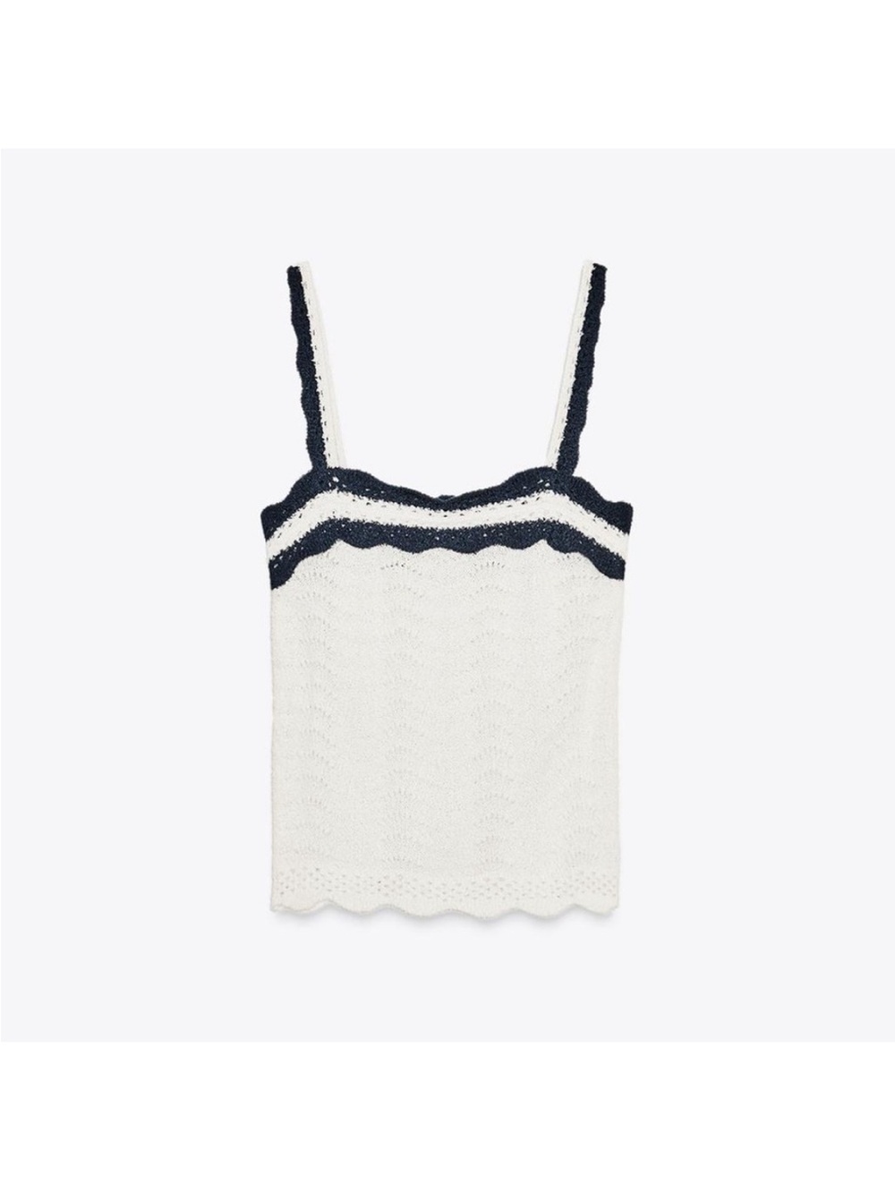 NWT Zara Crochet Knit Camisole in White with Navy Scalloped Trim & Thin Straps - Picture 2 of 5